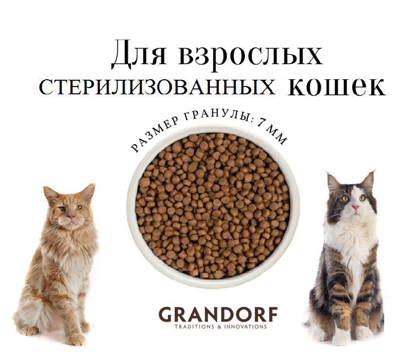Grandorf sterilised для стерилизованных кошек. Грандорф для кастрированных котов. Grandorf Cat 4meat Indoor Probiotic корм д/кошек, 4вида мяса.